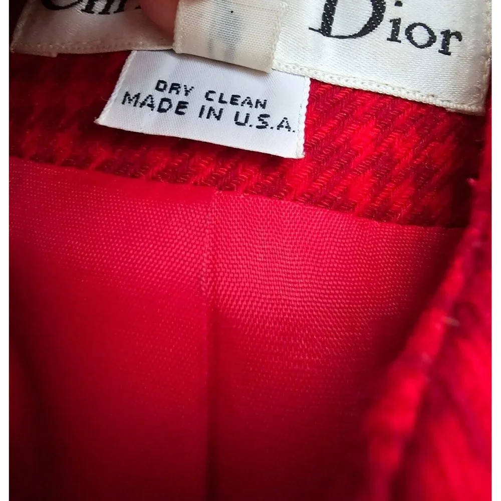 Christian Dior Vintage Houndstooth Red Plaid Pure Wool Skirt Suit Set Size 8